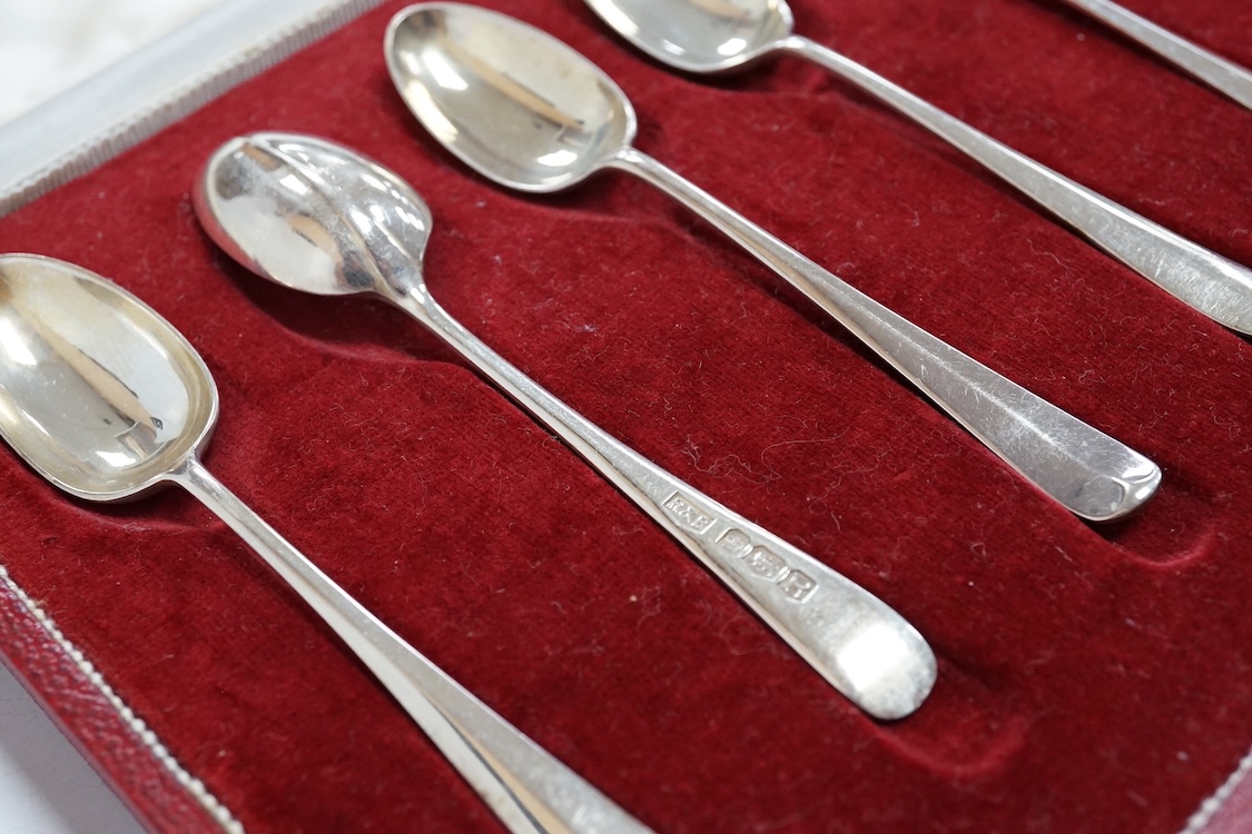 Three assorted silver christening sets including spoon, fork and napkin ring by William Hutton & Sons, London, 1896, one other set with steel knife, two cased sets of silver coffee spoons and a cased set of six Japanese